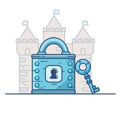Lock and magic key crystals and castle. Isolated on white. Cartoon style in vector illustration.