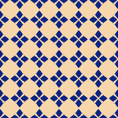Vector geometric seamless pattern. Traditional folk ornament. Texture with small rhombuses, flower silhouettes, diamond shapes. National ethnic motif. Deep blue and gold colors. Repeating background