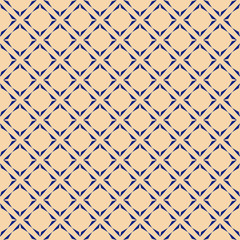 Vector abstract minimalist geometric texture. Blue and yellow seamless pattern with small diamond shapes, flower silhouettes, stars, rhombuses, square grid, net. Minimal background. Repeated design