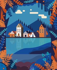 Beautiful autumn color city park around lake vector illustration.