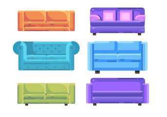 Sofa colored vector set. Comfortable couch collection isolated on white background for interior design. Flat cartoon style illustration.