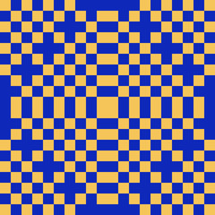 Vector colorful geometric seamless pattern with squares. Stylish checkered texture. Trendy bright colors, yellow and blue. Creative psychedelic design. Retro 80-90's fashion background. Pixel art
