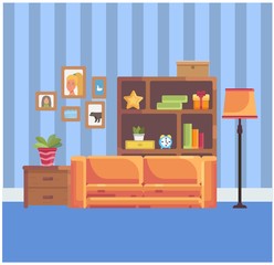 Сozy living room with an orange sofa, photo frames on the wall, a pot with a plant. Flat cartoon style illustration.