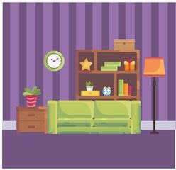 Cozy living room with green sofa, wardrobe and bedside table, lamp. Flat cartoon style illustration.