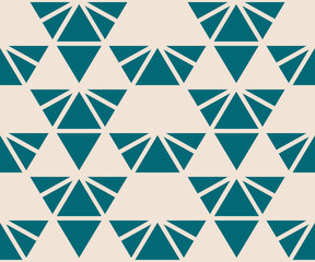 Vector geometric triangles seamless pattern. Texture in teal and beige color. Elegant minimal graphic background with triangles, diamonds, pyramids, grid. Simple abstract repeatable design