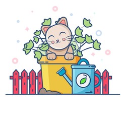 Cute cat in pot with flowers on white background. Summer garden, watering can, potted plant. Cartoon style with contour vector illustration.