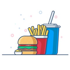 Fast food icons set - burger, fries, drink with a straw. Can use for landing page, logo, template, web, mobile app, poster, banner, postcard, logo. Cartoon style with contour vector illustration.