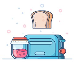 Jam and toaster on white background. Can use for landing page, logo, template, web, mobile app, poster, banner, postcard. Cartoon style with contour vector illustration.