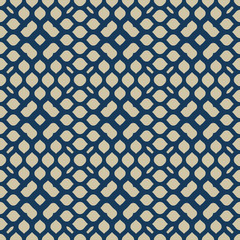 Vector geometric seamless pattern. Abstract golden texture with mesh, net, weave, grid, lattice. Elegant dark blue and gold background. Luxury minimal repeated design for decoration, fabric, curtain