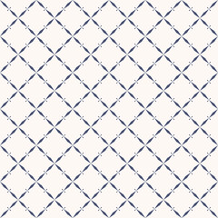 Vector abstract geometric seamless pattern with grid, lattice, net, diagonal cross lines, rhombuses, repeat tiles. Elegant ornament texture in oriental style. Luxury navy blue and white background
