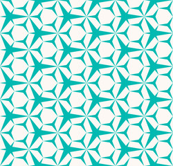 Vector abstract geometric seamless pattern. Turquoise and white color. Simple minimal background texture with triangles, hexagons, grid, net. Repeated design for decoration, wrapping, textile, cloth