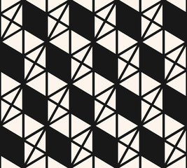 Abstract triangles vector pattern. Black and white geometric seamless texture with triangles, rhombuses, zigzag stripes, grid, net, lattice. Stylish monochrome graphic background. Simple repeat design