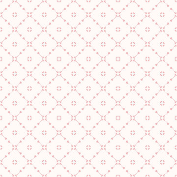 Vector geometric floral seamless pattern with small flower shapes, delicate grid, net, mesh, lattice. Subtle abstract pink and white background. Simple ornament texture. Elegant minimal repeat design