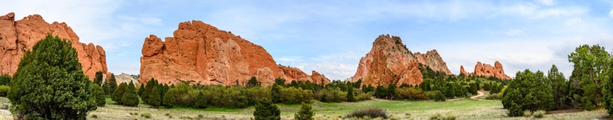 Panoramic of Garden of the Gods public park in Colorado Springs, Colorado, USA
