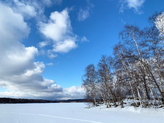 Russia, Chelyabinsk region. One of the islands on lake Uvildy in January in frosty weather