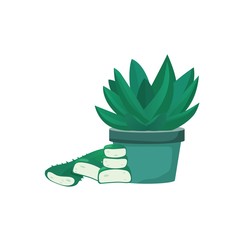 Green plant in a pot of succulent aloe vera with leaves and pieces on a white background. Vector illustration isolated.