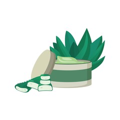 Cosmetic skincare cream aloe vera. Organic natural beauty treatment and cosmetic care. Isolated vector illustration.