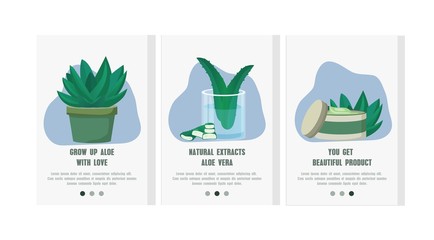 Aloe vera production mobile app templates, online banner, landing page set. Concept vector illustration flat design.