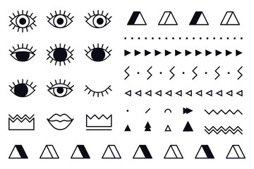 Trendy vector geometric shapes set in 80s style. Memphis graphic elements on white background for banner, poster or flyer. Set includes triangle, eyes, lips, crown, border in line design.