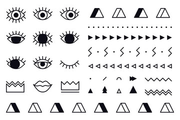 Trendy vector geometric shapes set in 80s style. Memphis graphic elements on white background for banner, poster or flyer. Set includes triangle, eyes, lips, crown, border in line design.