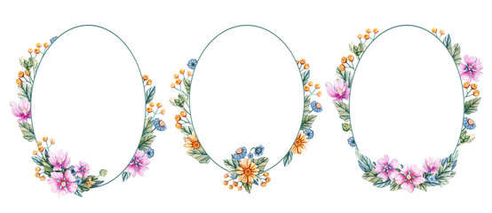 Floral oval frame with watercolor flowers.