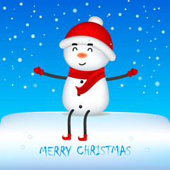 Merry Christmas! Happy Christmas Snowman sit on big signboard  with Red Scarf and Santa’s Cap. Christmas cute cartoon character.
