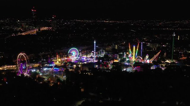 night time illumination vienna city famous working theme park aerial panorama 4k austria