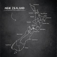 New Zealand map, administrative division separates regions and names, design card blackboard chalkboard vector