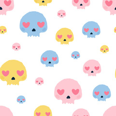Cute seamless pattern with skulls in pink, yellow and blue on a white background. Background with love skulls in flat style for fabric, textile, wrapping paper, Wallpaper design. vector illustration