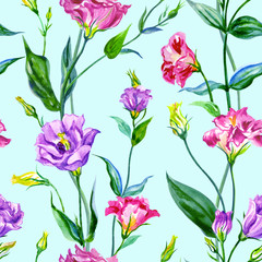 Eustoma seamless pattern on a blue background, watercolor illustration. Floral print for fabric or other designs.