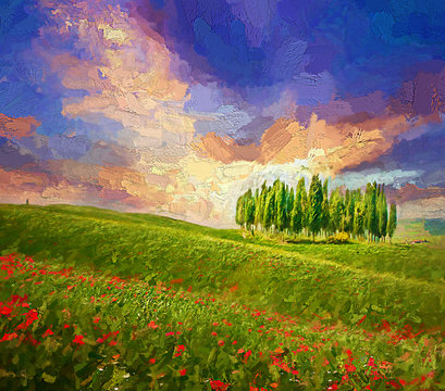 Colorful evening sunset with famous group of cypress tress and red poppy flowers on the rolling hills in summer time at Tuscany, Italy.- oil painting.
