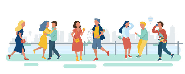 Fototapeta premium Young people walks along the street by the river. Vector illustration
