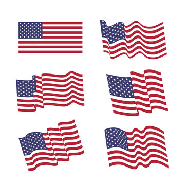 Set of six wavy USA  flags. United States patriotic national symbol.