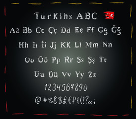 Turkish chalk alphabet uppercase, lower case , numbers and symbols isolated on black background . Concept for print, menu, cards