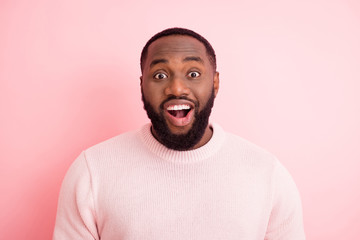 Closeup photo of funny macho dark skin young guy toothy beaming smiling listen good news open mouth...