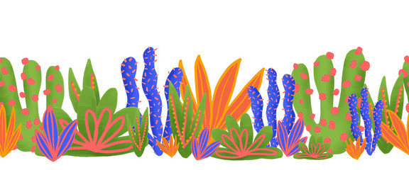 Cactus seamless vector border. Cacti in bright colors repeating pattern. Modern nature repeated texture with green blue orange plants. Natural hand drawing design with desert plants. Coral reef .