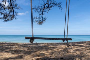 Ocean view and white sand beach with blue sky and a swing under branch of pine tree background