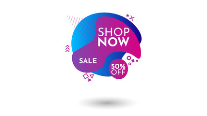 Purple, pink, blue geometric abstract element. Dynamical modern colored forms and lines. Template for design of logo, flyer, presentation, vector illustration. Elegant sale and discount promo concept.