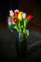  Bouquet of colorful tulips close-up on a dark background
