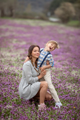 Mom tickles son. A family of two a mother and son of a child walk through a young lavender field
