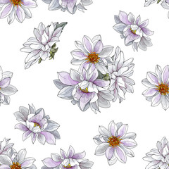 Pretty Floral Seamless Pattern with White Dahlias on White Background. Watercolor Style. For Textile, Wallpapers, Print, Greeting. Vector Illustration.