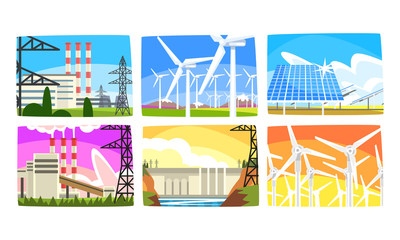 Traditional and Innovative Ecological Energy Generation Power Stations Collection, Wind Power Station, Solar Panels, Hydroelectric Power Station Vector Illustration
