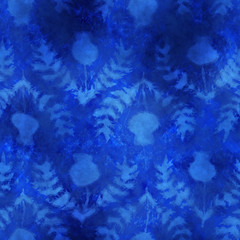 Water damage bleed faded ink floral cardoon thistle washed messy distressed noisy brushed mottled stained ageing grungy leaking stained print. Seamless repeat raster jpg pattern swatch.