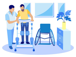 Disabled Paralyzed Man Character Training in Gym Machine for Legs under Doctor Control. Physiotherapist Assisting Patient. Recovery Exercise for Rehabilitation. Vector Flat Cartoon Illustration