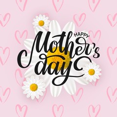 Vector card, poster Happy Mothers day with white spring flowers and hearts on pink background. Hand written typography lettering. Banner for Mothers day special offers, shop discount, greeting.