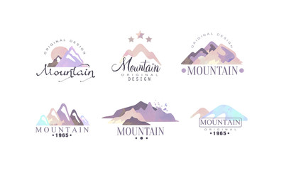 Fototapeta premium Mountain Original Logo Design Templates Collection, Outdoor Adventures Retro Watercolor Labels Vector Illustration