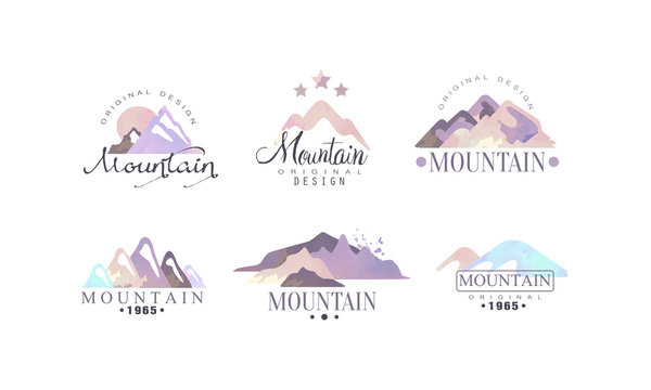 Mountain Original Logo Design Templates Collection, Outdoor Adventures Retro Watercolor Labels Vector Illustration