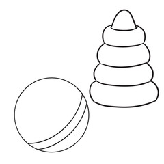 set of ball and pyramid toys for children, outline drawing, separate layers, isolated object on a white background,