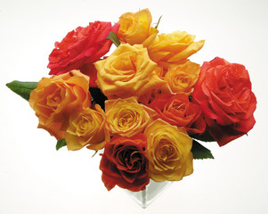 A bouquet of red and orange roses.