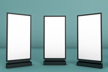 3d rendering of trade and retail concepts. Empty advertising billboard.Totem light box. Commercial outside baner for ad. Front, left and right side views of empty street banner.